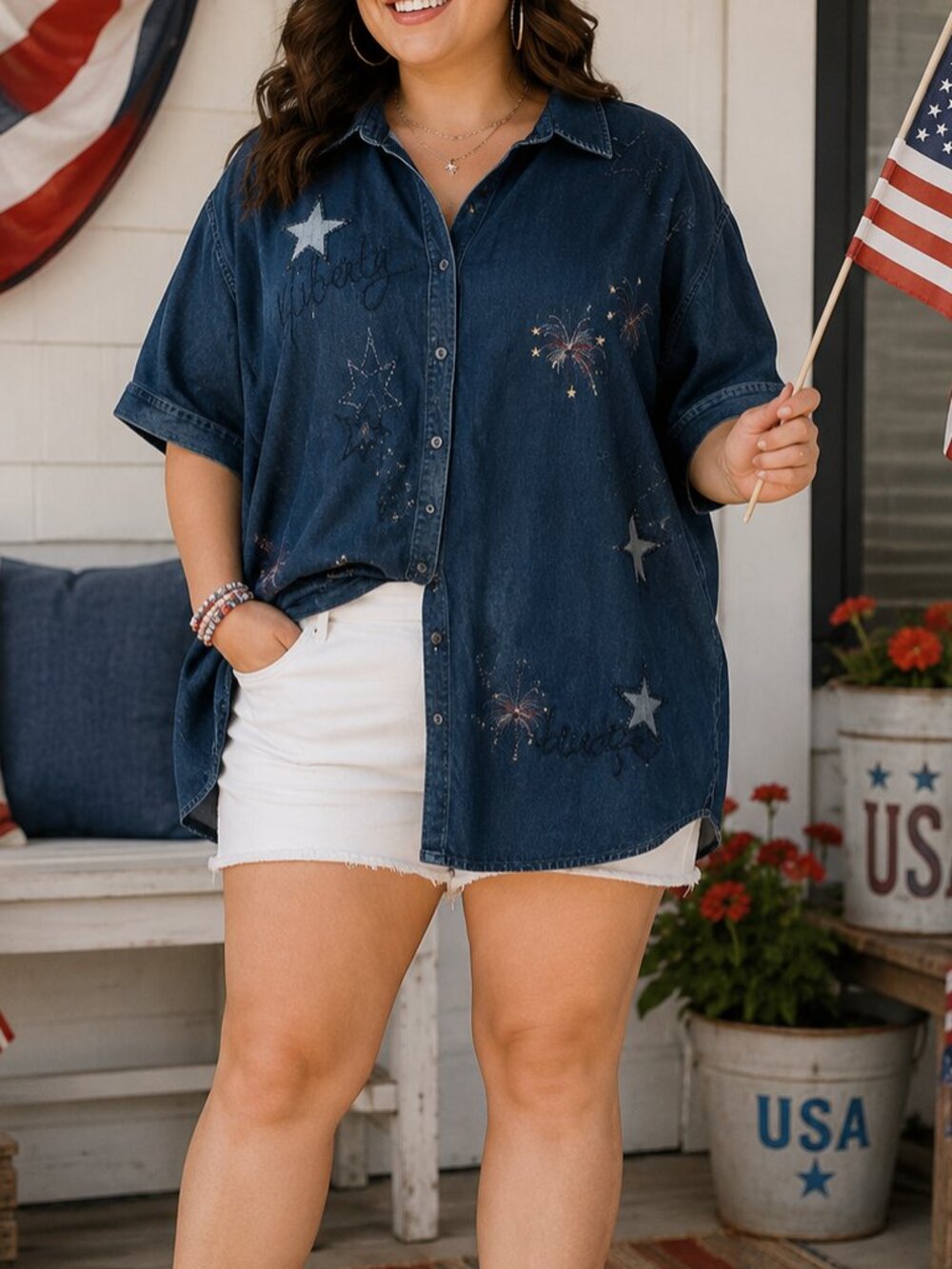 Vintage Liz & Me Denim Fireworks Button Up Shirt 4X America 4th of July